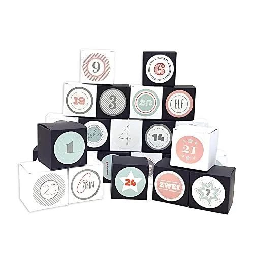 Frau WUNDERVoll® DIY Adventskalender Vorfreude zum Befüllen, Faltschachteln 12x schwarz 12x weiß 7x7x7cm (gefaltet), XL Ziffern pastell/Weihnachten, Aufkleber, Würfelbox, Faltverpackung, Schachteln