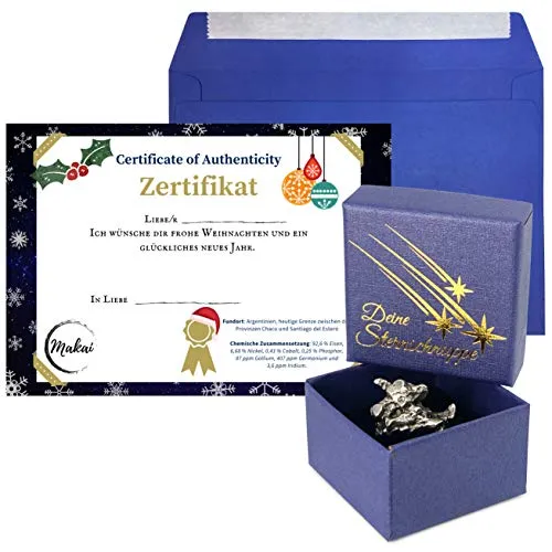 Makai echter Meteorit Sternschnuppe mit Echtheits-Zertifikat und individueller Widmung zum selber beschriften & Geschenkbox (mit Weihnachtskarte)