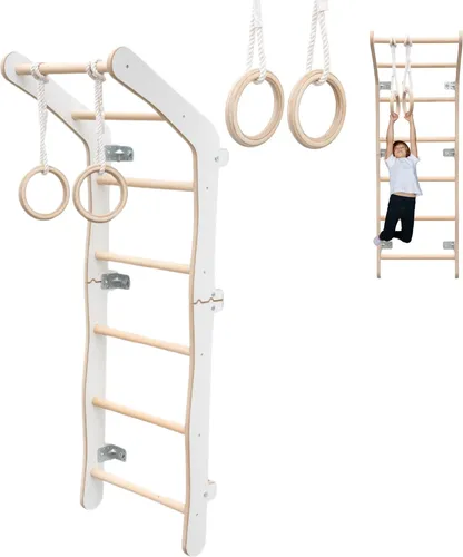 Klettergerüst Indoor für Kinderzimmer | Sprossenwand aus Yarnwood | Turnringe in Weiß - Robustes Indoor-Spielgerät für Kinder von 0 bis 6 Jahren, gefertigt aus umweltfreundlichem Yarnwood. Ideal zum Klettern und Turnen, inklusive Turnringen für zusätzlichen Spaß.