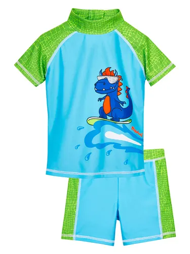 Playshoes zweiteilig Schwimmshirt Badeshorts - Dino, 122-128 - Zweiteiliges Badeoutfit für Kinder mit UV-Schutz 50+, ideal für Strand und Schwimmbad. Das Set besteht aus schnelltrocknendem Material und schützt die zarte Kinderhaut.