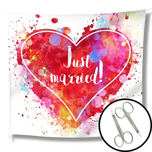 WeddingTree Hochzeitsherz zum Ausschneiden für das Brautpaar und 2 Scheren - Hochzeitsherz zum Ausschneiden Just Married - Laken Hochzeit - Spiel für das Brautpaar - Hochzeitsherz ausschneiden