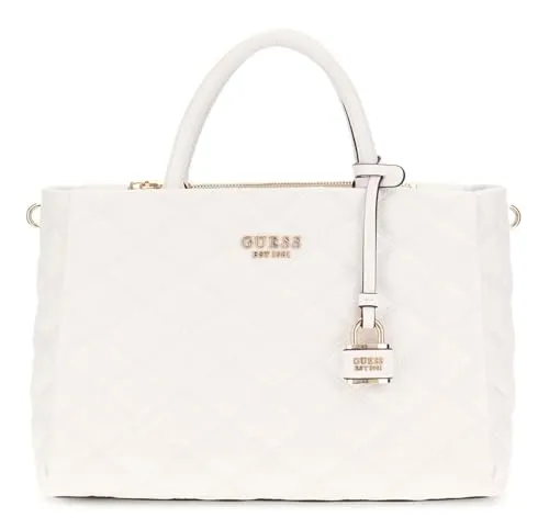 Guess Handtasche Society Satchel, Cream White - Elegante Handtasche mit geometrischem Muster, abnehmbarem Schulterriemen und großzügigem Stauraum – perfekt für stilbewusste Frauen.