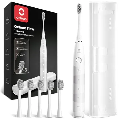 Oclean Elektrische Zahnbürste Flow Gift Set - Elektrische Zahnbürsten mit 180 Tage Akkulaufzeit, 5 Putzmodi und IPX7 wasserdicht. Ideal für Reisen mit hygienischem Reiseetui und 6 austauschbaren Bürstenköpfen.