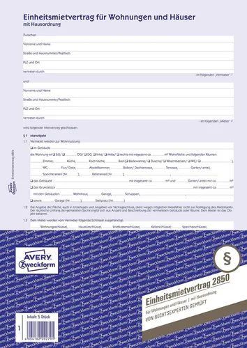 Zweckform Mietvertrag 2850, DIN A4, für Wohnung und Haus mit Hausordnung, 6-seitig