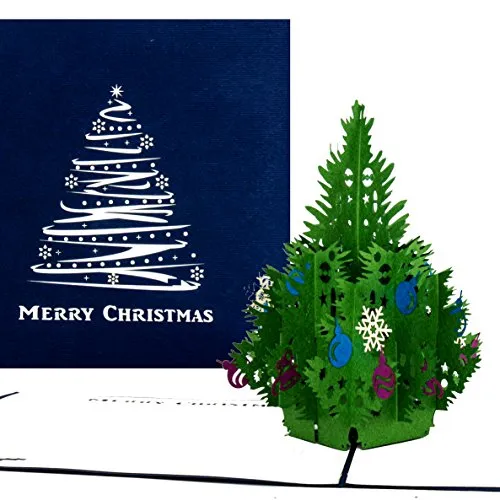 Pop-Up Karte "Tannenbaum - klassisch" in blau als Weihnachtskarte oder Geschenkkarte zum Advent oder Weihnachten mit englischem Schriftzug