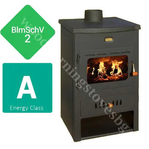 Prity K1CP W8 Kaminofen Holzofen mit Warmwasserboiler - Eleganter Kaminofen mit wasserführendem System, ideal für gemütliche Wärme in Wohnräumen. Hergestellt aus robustem Gusseisen, bietet er eine effiziente Nutzung von Holz als Brennstoff.