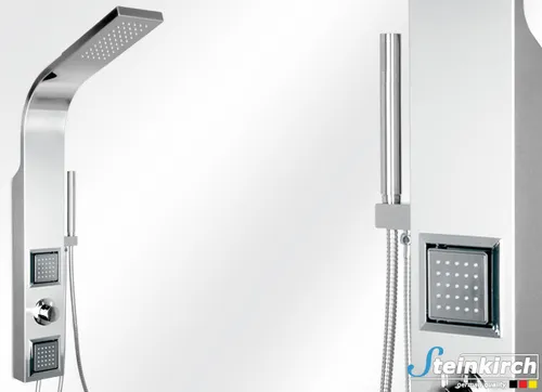 Steinkirch Edelstahl Duschpaneel mit Regendusche und Massagefunktion - Modernes Duschpaneel mit 2 Duschköpfen, 5 Düsen und 3 Strahlarten. Integrierte Massagedüsen und einfache Reinigung sorgen für ein entspannendes Duscherlebnis. Ideal für Badewanne und Dusche.