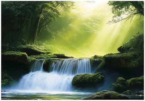 Wallarena Fototapete Wasserfall in Wald Vlies Tapete Wohnzimmer Schlafzimmer Wandtapete, Glatt Vlies Washable, Wasserfall, Wald, Sonne, Wasser, Natur, (Packung, 3 St., Vlies Fototapete), Vliestapete Grün Wohnzimmer Schlafzimmer Küche Tapete + Kleister