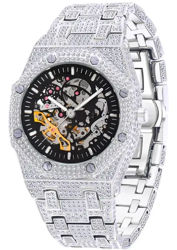 S&T Design Automatikuhr Iced Out - Elegante Herrenuhr mit Diamantzirkonia - Automatikuhren für Herren, edel und wasserdicht bis 3 Bar, inklusive Armbandkürzer und Geschenkbox, ideal für besondere Anlässe.