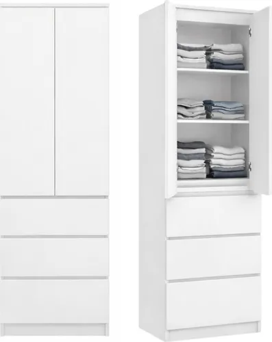 Home Collective 2-türiger Kleiderschrank mit 3 Einlegeböden & Schubladen – Weiß - Vielseitiger Kleiderschrank für Schlafzimmer, Flur oder Büro. Mit 3 Einlegeböden und 3 Schubladen bietet er optimalen Stauraum und passt sich jedem Wohnstil an.