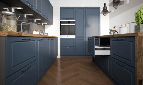U-Form Küchenzeile PESCARA 260x160cm grau Fronten stahlblau matt - Einbauküche in U-Form mit 14 Türen und 12 Schubladen, ausgestattet mit Soft-Close-Funktion und eleganten chromglänzenden Metallgriffen für eine stilvolle Küche.