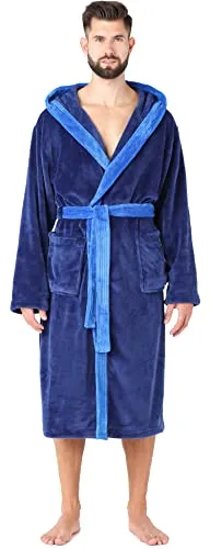 Ladeheid Herren Bademantel lang LA40-221 - Dunkelblau - Eleganter Herren Bademantel mit Kapuze und Gürtel; ausgestattet mit zwei großen Taschen und Schlaufe zum Aufhängen; aus weichem, leichtem Stoff, der schnell trocknet und angenehm warm hält – ideal für entspannte Stunden zu Hause.