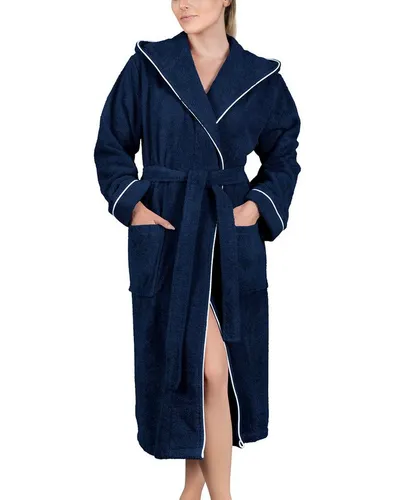LAYNENBURG Damen Bademantel Frottee mit Kapuze - 100% Baumwolle, 360g/m2, OEKO-TEX 3XL Blau - Bademantel für Damen aus 100% hochwertiger Frottee Baumwolle, super kuschelig und ideal für Spa, Sauna oder als Morgenmantel. Eleganter Look mit weißen Paspeln und in verschiedenen Größen erhältlich.