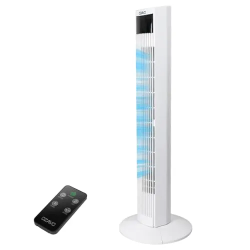 OZAVO Turmventilator mit Fernbedienung | Touchscreen | 3 Stufen | 3 Modi | 12h Timer | 70° Oszilierend Tower Fan | Säulenventilator | Luftkühler | Standventilator | 45W | 95.5cm | Weiß