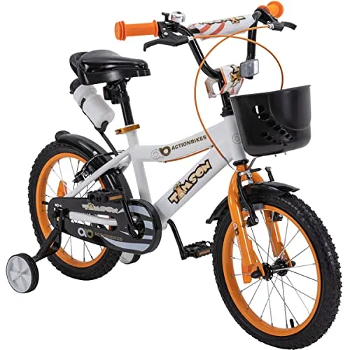 Actionbikes Kinderfahrrad Timson 16 Zoll - V-Break & Stützräder - Kinderfahrzeug für Abenteurer ab 4 Jahren, mit coolem Dirtbike-Design, einstellbaren V-Brake-Bremsen und abnehmbaren Stützrädern für sicheres Lernen.