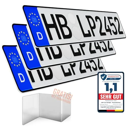 L & P Car Design Kennzeichen Auto KFZ 3 Stück 52cm x 11cm Nummernschild 520 x 110mm DIN Autokennzeichen Fahrradträger Anhänger LKW Wunschprägung amtliches Autoschild (3 Stück)