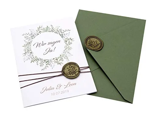 ZauberDeko Einladungskarte Hochzeit Karte Einladung mit Namen Umschlag Grün Siegel Olive