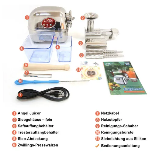 Angel Juicer 5500 - Edelstahl Saftpresse mit 5 Jahren Garantie - Entsafter für Obst und Gemüse, ideal für Kaltpressung und Weizengras. BPA-frei, mit Fruchtfleisch-Ausstoß und 1 L Kapazität. Perfekt für gesunde Säfte und Smoothies!