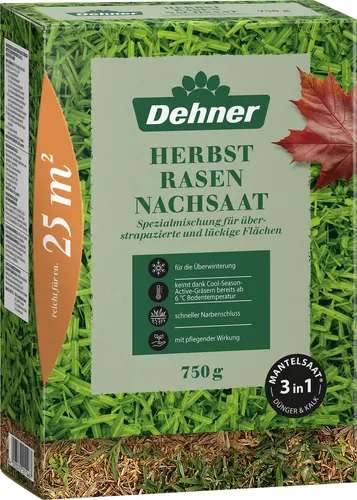 Dehner Saatgut Herbst-Nachsaat, hochwertige Mantelsaat für dichten und regenerierten Rasen, schnell keimend / nährstoffreich / robust, ideal zur Auffrischung nach dem Sommer, 750 g für ca. 25 m²