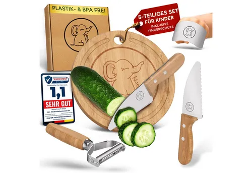 Eli Kinderkochmesser Set 5-teilig - Kochmesser Set für Kinder mit Schneidebrett, Schäler und Fingerschutz. Fördert Kreativität und Feinmotorik – ideal für kleine Küchenhelfer ab 3 Jahren.