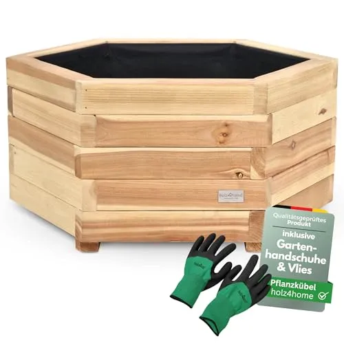 holz4home® Outdoor Pflanzkübel M I 6-Eckig aus Tannenholz - Pflanzenkübel aus robustem, wetterfestem Tannenholz, ideal für Garten und Terrasse. Inklusive Gartenhandschuhe & Vlies für müheloses Pflanzen!