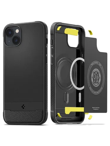 Spigen Rugged Armor MagFit Hülle für iPhone 14 - Matte Black - Standard Handyhülle mit integriertem Magnet für kabelloses Laden, Karbon-Look und Air Cushion Technologie für optimalen Eckschutz.