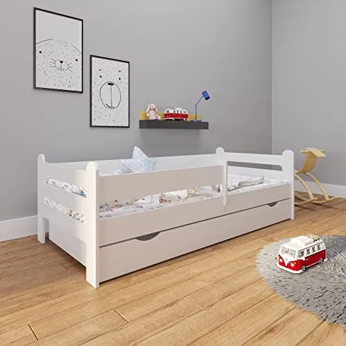 Kids Collective Kinderbett 80x180 cm mit Rausfallschutz und Schublade - Kleinkindbett mit hochwertiger Verarbeitung, beidseitig anbringbarem Rausfallschutz und praktischer Schublade für Ordnung im Kinderzimmer.