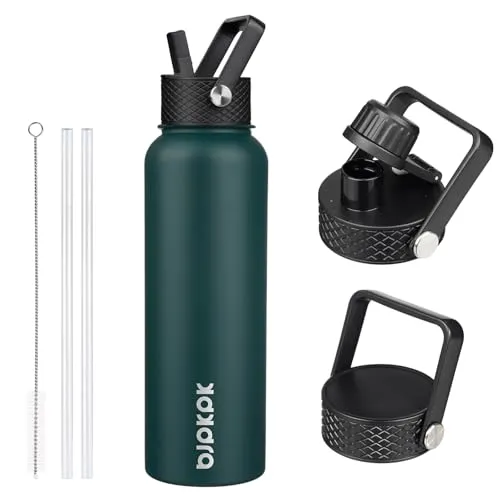 BJPKPK Isolierte Trinkflasche mit Strohhalm-Deckel, 1.2L Edelstahl Wasserflaschen mit 3 Deckeln, BPA Frei Wasserdicht Thermosflasche,Tumblers, Becher für Sport, Gym- Armeegrün