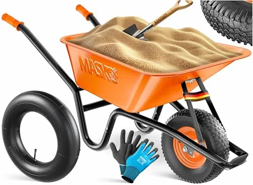 MASKO® 100 Liter Schubkarre - Bauschubkarre mit 250kg Traglast - Schubkarren mit 100 Litern Fassungsvermögen und 250kg Traglast, ideal für Bau- und Gartenarbeiten. Witterungsbeständig dank verzinktem Stahlrahmen und luftgefüllten Reifen für sicheren Transport.