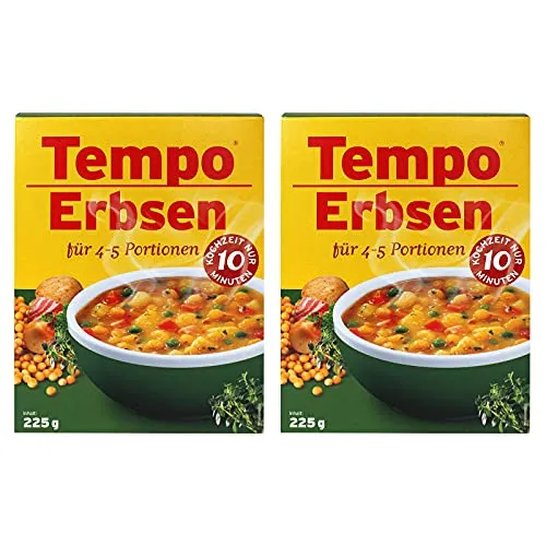 2er Pack Tempo Erbsen 2 x 225 g für 4 - 5 Portionen 10 Minuten Kochzeit gelbe Erbsen Erbsengericht getrocknete