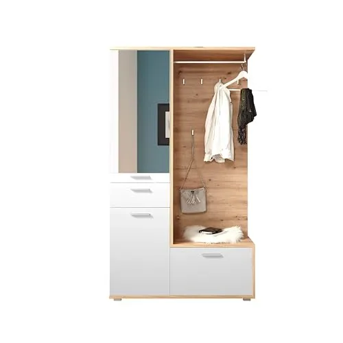 ENTRA Flurgarderoben Set in Artisan Eiche Optik, Weiß - Drohnen - Stylishe Kompaktgarderobe mit Spiegel für einen einladenden Eingangsbereich, bietet viel Stauraum und ist einfach zu montieren.