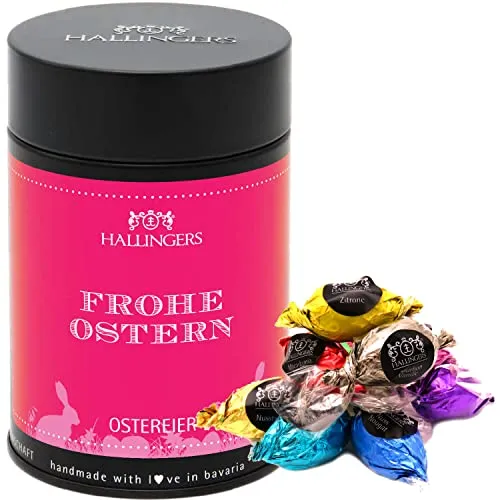 Hallingers Frohe Ostern - pink - Ostergeschenke für Osterkörbchen zu Ostern, Pralinen Ostereier handmade ohne Alkohol (Dose) - Geschenk im Sommer & als perfektes Grillgeschenk | Glückwunsch Glückwünsc