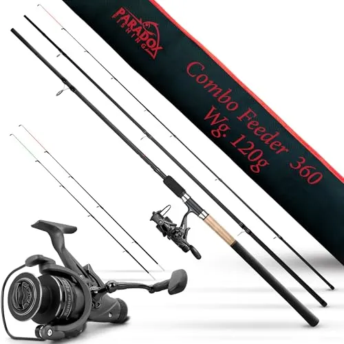 Paradox Fishing Feederrute 3,6m 120g mit Runner 4000 Rolle - Hochwertige Feederrute für präzise Würfe und beste Sichtbarkeit der Bisse. Ideal für Friedfische in ruhigen Gewässern. Mit Ersatzteilen für langfristigen Einsatz.