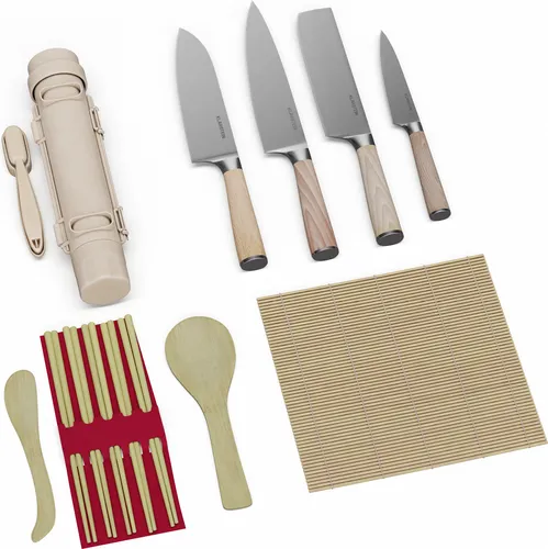 Klarstein Shibui Sushi Set - 15-teiliges DIY Sushi Set für Anfänger & Profis - Küchenmessersets mit hochwertigem 3Cr13-Stahlmesser und Zubehör, perfekt für selbstgemachtes Sushi. Ideal für kreative Sushi-Fans, die authentische Kreationen zaubern möchten.
