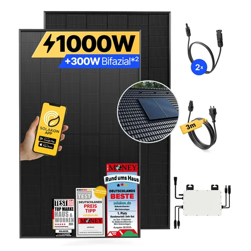 Balkonkraftwerk 1000W/800W - Solaranlage mit Dachhalterung - Solaranlage für einfache Installation und maximalen Ersparnis. Auspacken, aufbauen, einstecken und sofort Stromkosten senken!