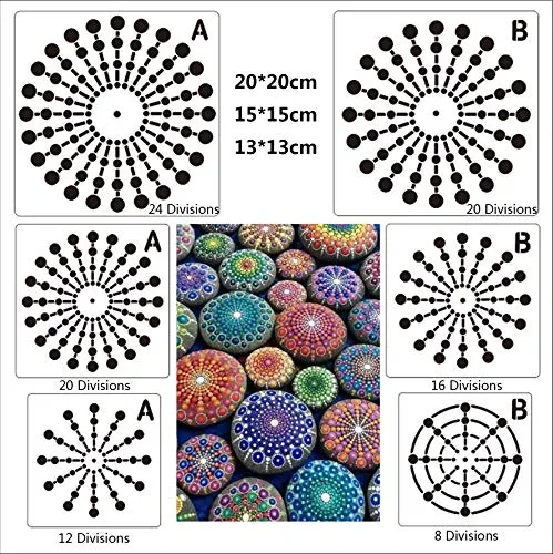 BLUGUL Mandala Schablone, Mandala Dotting Malvorlagen Schablonen, Mandala Rock Punktierung Werkzeuge, für DIY Dekor, Felsen Stein, Airbrush, Felsen und Walls Art, Netz Serie B 6 Stück