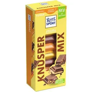 Ritter-Sport Minischokolade Mini Turm Knusper Mix, Minischokoladentäfelchen, 9 Stück, 150g