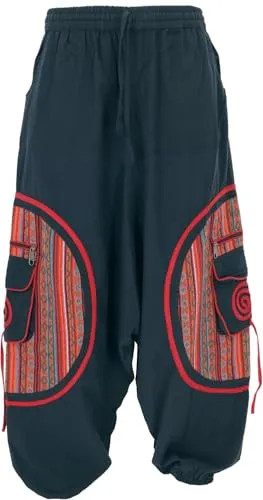 GURU SHOP Haremshose - Schwarz/rot, Herren, Gr. S/M - Die bequeme Haremshose mit tiefem Schritt und elastischem Bund bietet hohen Tragekomfort. Ideal für Festivals und den Alltag, überzeugt sie mit sechs praktischen Taschen und robuster, langlebiger Stoffqualität.