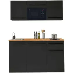 Yourkitchen Single-Küche 160 JAZZ - Moderne Küche in Schwarz - Küchenzeilen mit E-Geräte-Set, 2-Zonen Glaskeramikkochfeld, Einbau-Mikrowelle und Kühlschrank. Kompakte Eleganz für Ihr Zuhause mit stilvollem Eiche Lanzelot Akzent.