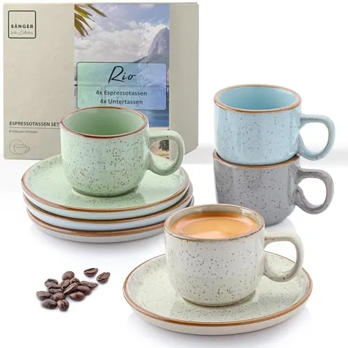 SÄNGER Rio Espressotassen Set 8-teilig - Thermobehälter für 4 Personen, kratz- und spülmaschinenfest, ideal für Espresso und andere Heißgetränke mit lebendigem Design und optimaler Qualität.