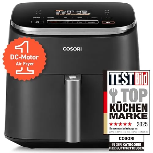 Cosori Turboblaze Airfryer Heißluftfritteuse XXL 6L - Tiegelfritteusen mit 9-in-1 Funktionalität und leisem DC Motor für knusprige Ergebnisse. 64% energiesparend und 87 Rezepte für vielseitigen Genuss.