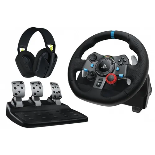 LOGITECH G29 Rennlenkrad mit G435 Headset - PC Lenkrad mit Force Feedback und handgenähtem Leder für realistische Fahrgefühle. Ideal für PlayStation 5 und PC, bietet anpassbare Pedale für präzise Kontrolle.