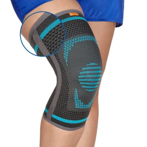 MEDOSAN Kniebandage mit Stabilisatoren (L) - Elastische Kniebandage mit seitlichen Stabilisatoren für optimale Unterstützung im Alltag und Sport. Atmungsaktives Material sorgt für hohen Tragekomfort, während die einfache Handhabung schnelle Stabilität bietet. Pflegeleicht und vielseitig einsetzbar!