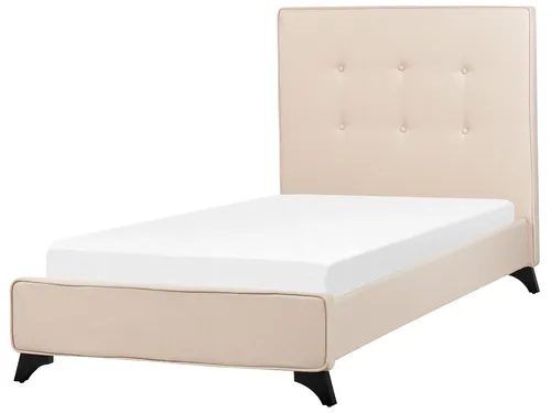 BELIANI Polsterbett Beige 90x200 cm mit Lattenrost - Modernes Einzelbett in edler Leinenoptik mit praktischem Lattenrost und hohem, gestepptem Kopfteil für optimalen Komfort beim Lesen.