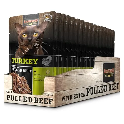 LEONARDO Frischebeutel [16x70g Turkey mit Fleischstreifen] Pulled Beef | Getreidefreies Nassfutter für Katzen | Alleinfuttermittel Katzenfutter