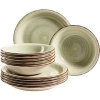 MÄSER Teller-Set für 6 Personen - Vintage Look, handbemalt - 12-teiliges Tafelservice aus Olivgrünem Steingut, spülmaschinenfest und mikrowellengeeignet. Das moderne Vintage Design bringt Farbe und Stil auf Ihren Esstisch.