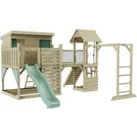 OutdoorToys Spielturm Isak - Kletterspaß für den Garten - Spieltürme mit zwei Spieltürmen und Hangelstangen, ideal für Kinder ab 3 Jahren. Mintgrün, robustes Holz, sicher und für den Hausgebrauch geeignet.