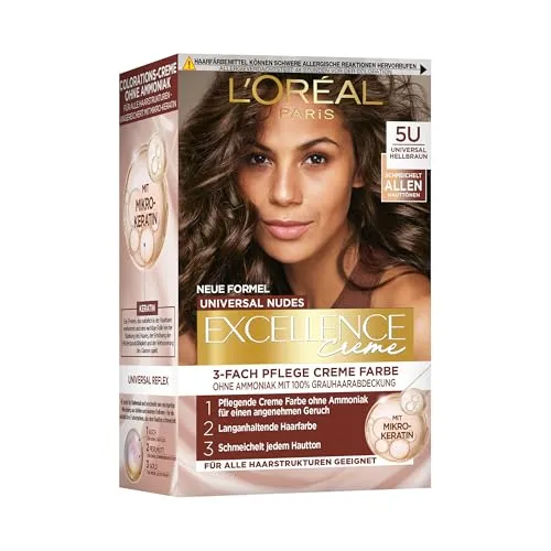 L'Oréal Paris Excellence Creme Haarfarbe Nr. 5U Universal Hellbraun - Dauerhafte Haarfarbe mit 3-Fach Pflege für strahlenden Glanz. Die ammoniakfreie Formel sorgt für sanftes Färben und vollständige Grauhaarabdeckung. Ideal für jeden Hautton.