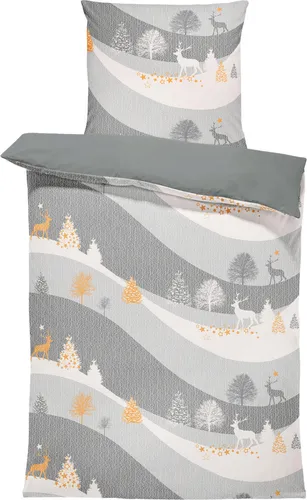 Bettwäsche 155x220 cm Rentiere Winterlandschaft Biber Winter Flanell Baumwolle