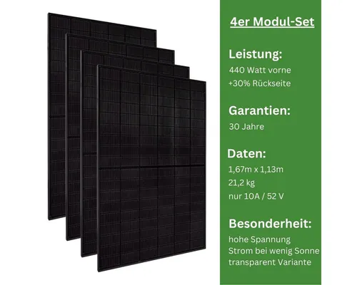 MyVoltaics Balkonkraftwerk 4x 440+ Watt Premium Hochleistungsmodul - Balkonkraftwerke mit 1760+ Watt Gesamtleistung, bifazial für bis zu 30% mehr Ertrag, ästhetisches transparentes Doppelglas-Design, ideal für effiziente Stromproduktion bei wenig Sonne.